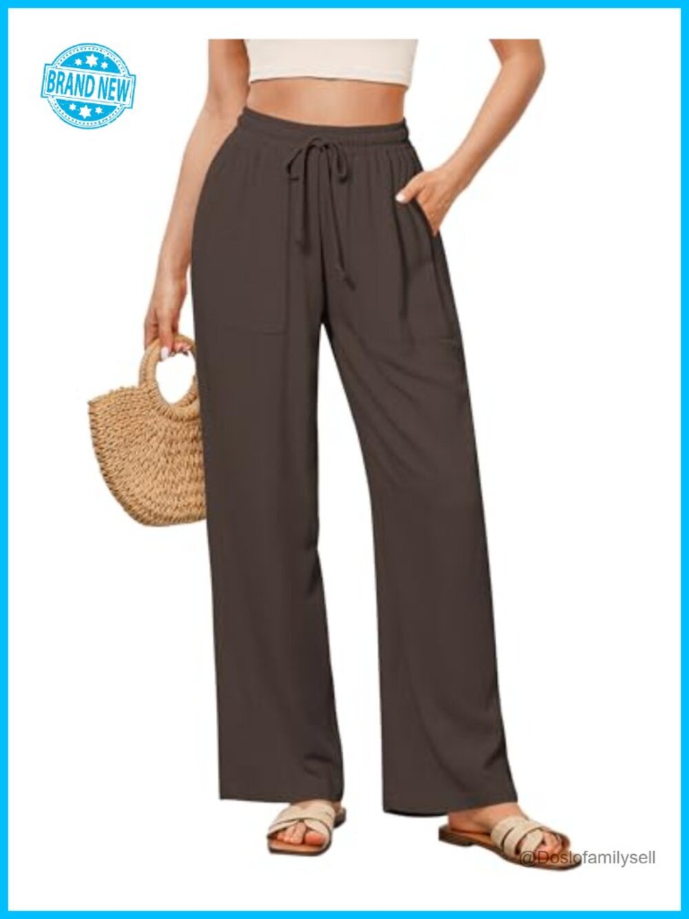 Wide Leg Linen Drawstring High Waisted Baggy Palazzo Pants with Pockets